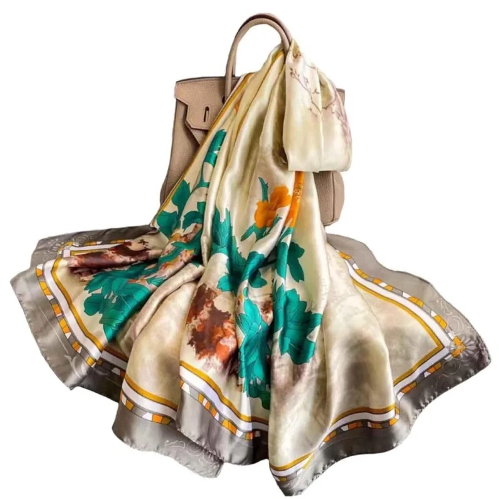 🌹🆕 Silky Scarf Wrap Shawl with Gray Ivory Teal Design - Picture 8 of 11